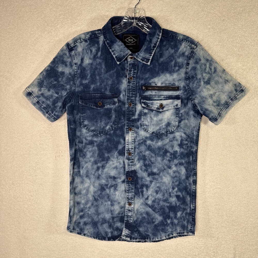 ROK Men's Tie Dye Denim Look Short Sleeve Button Up Shirt Size Small